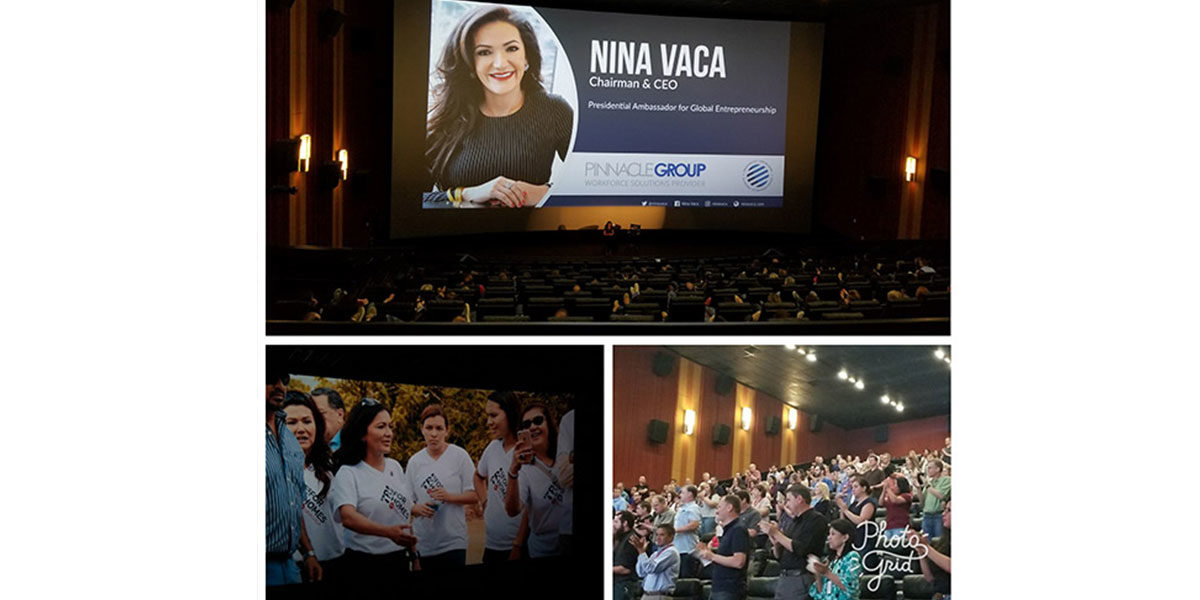Nina Vaca speaks at Cinemark Headquearters